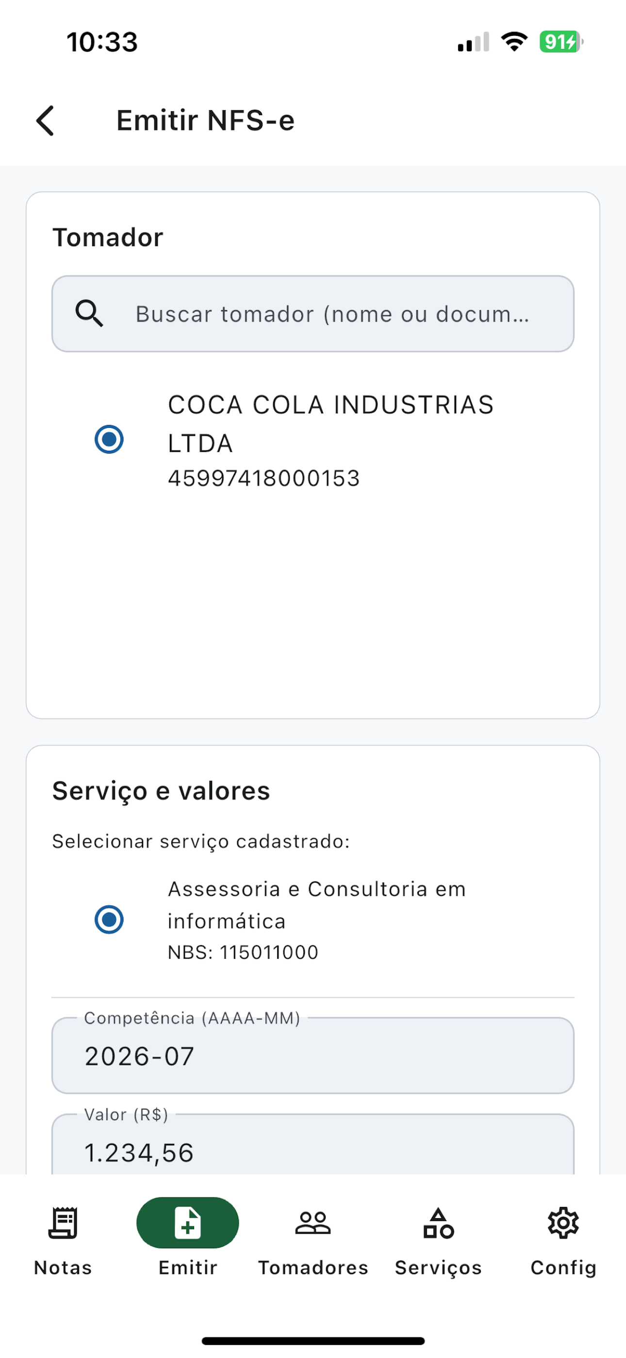Tela de emissão de NFS-e do app, com seleção de tomador e serviço
