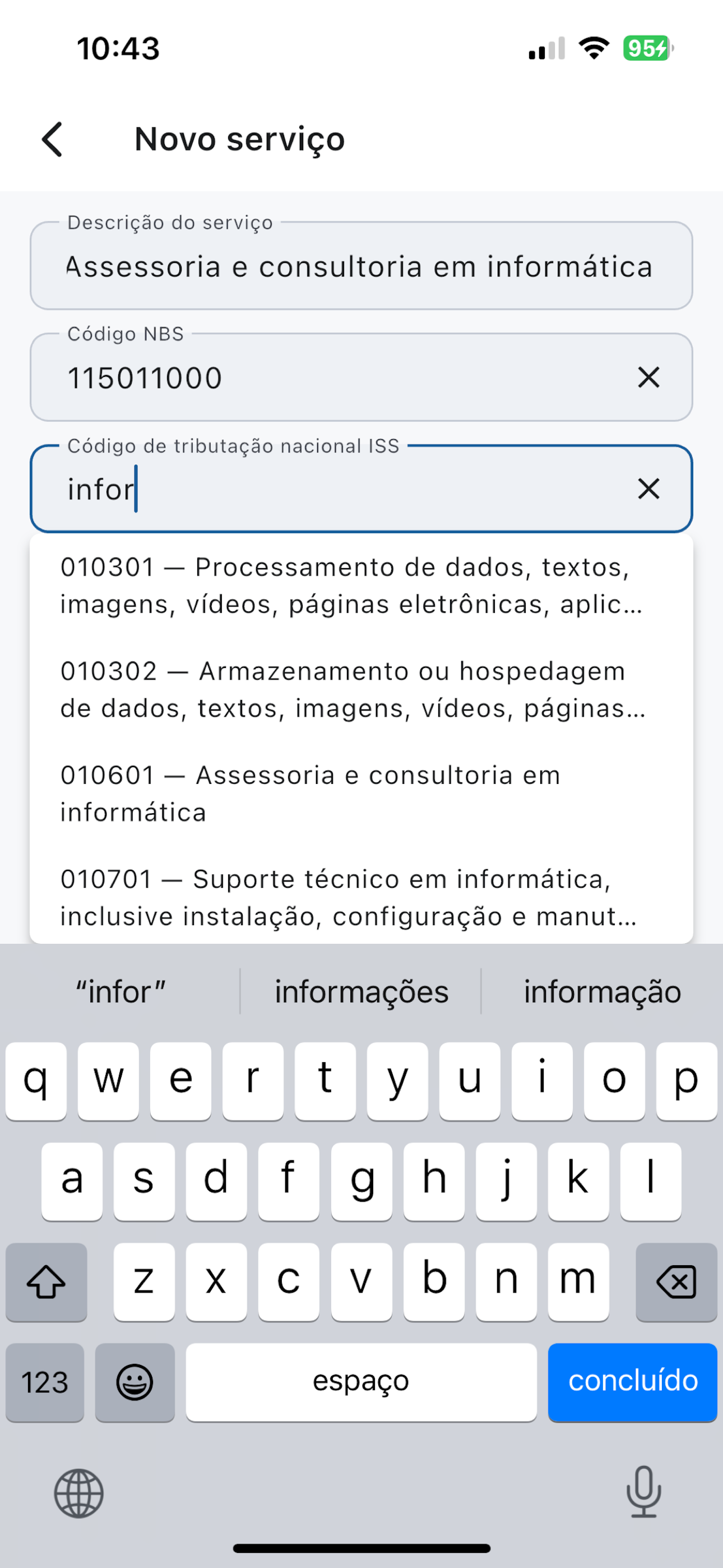 Cadastro de serviço com código de tributação do ISS