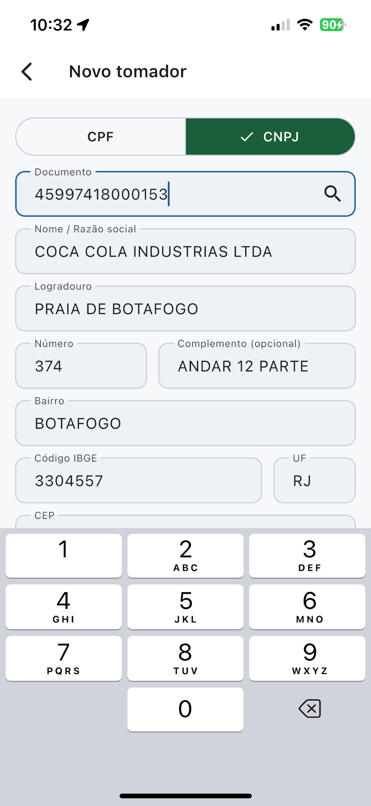 Cadastro de tomador pelo CNPJ