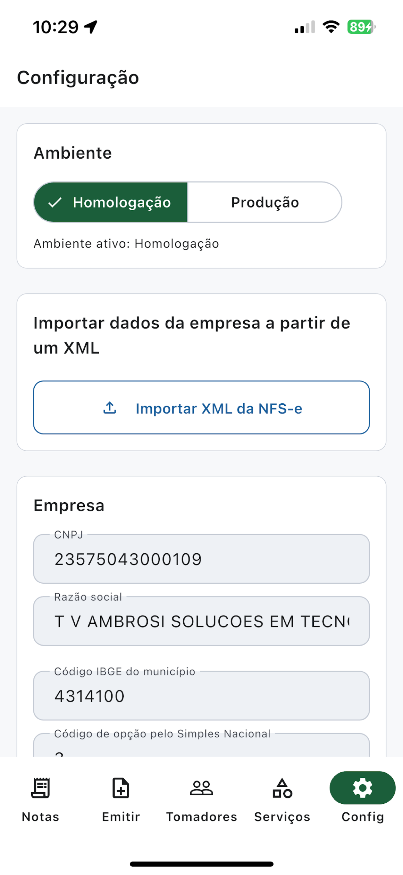 Configuração do ambiente e dados da empresa